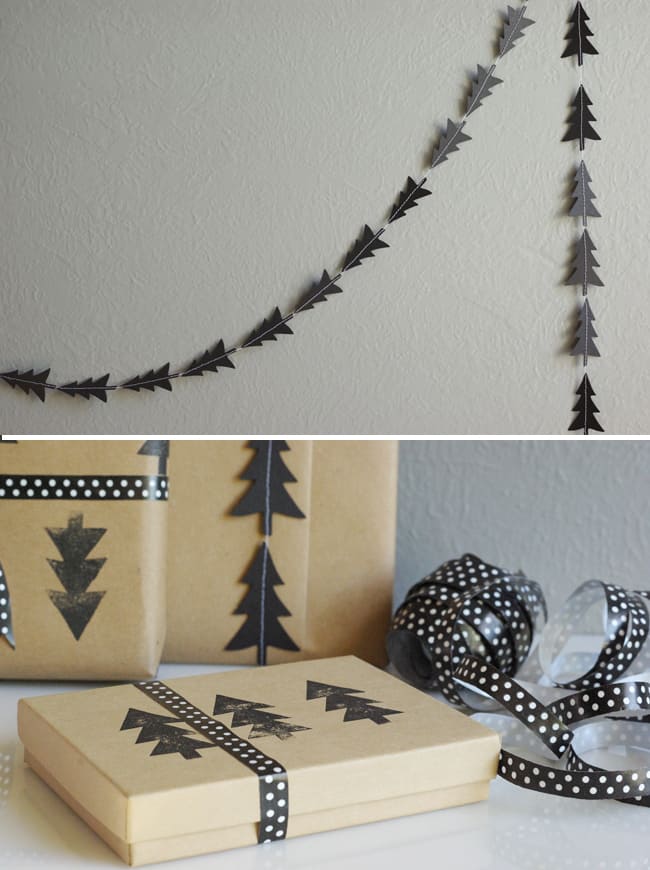 DIY Black Tree Garland and Stamped Wrapping Paper | Hello Glow