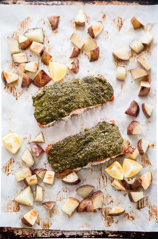 Baked salmon with pesto and potatoes