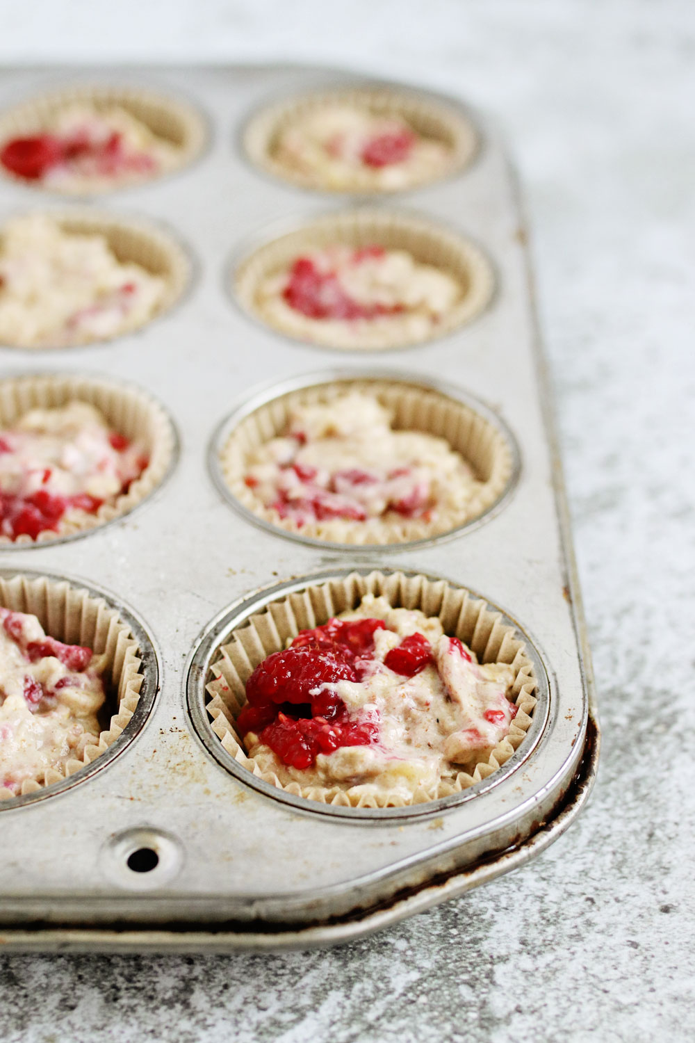 Honey-Sweetened Raspberry Banana Oat Hemp Muffins