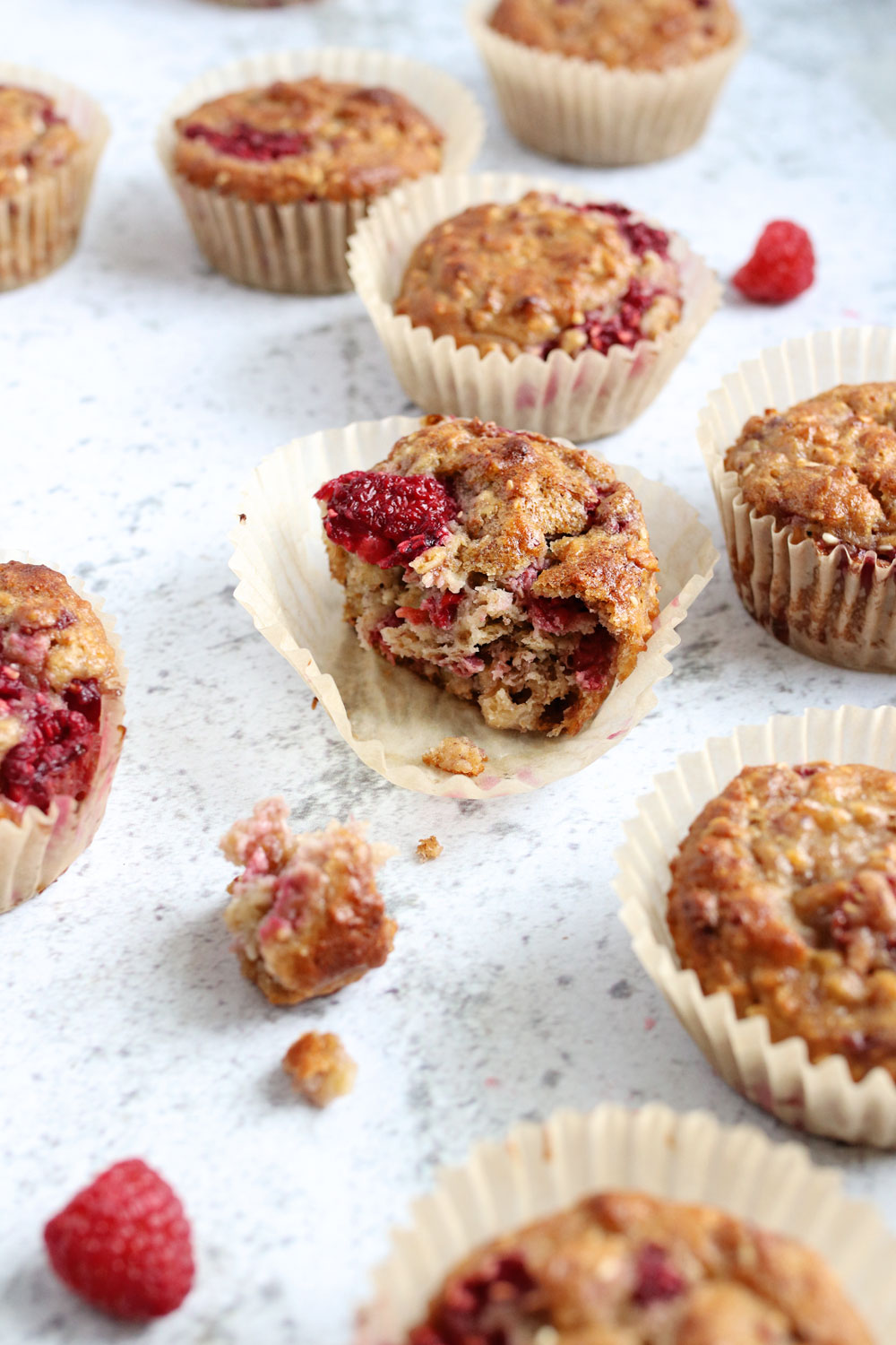 Honey-Sweetened Raspberry Banana Oat Hemp Muffins