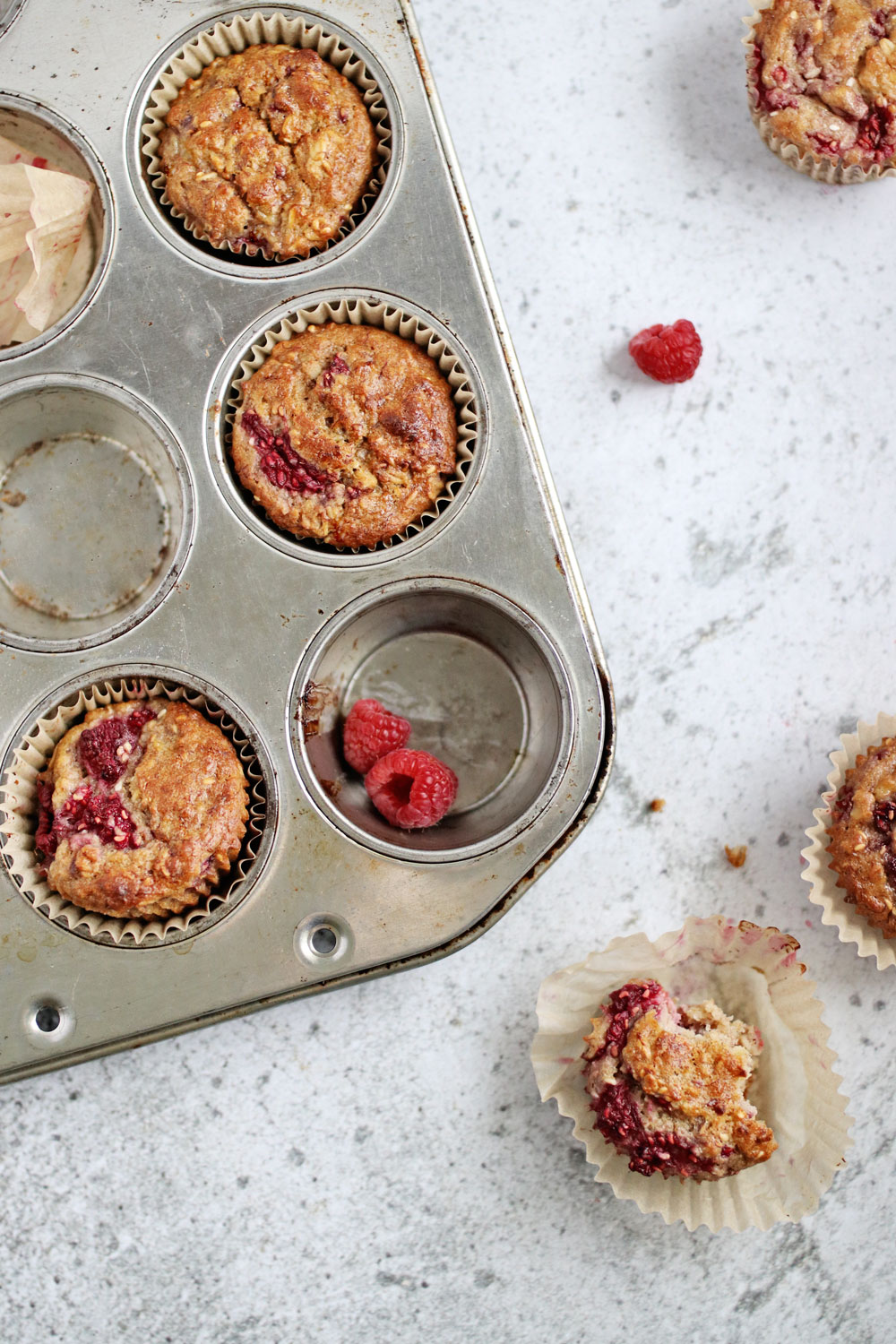 Honey-Sweetened Raspberry Banana Oat Hemp Muffins