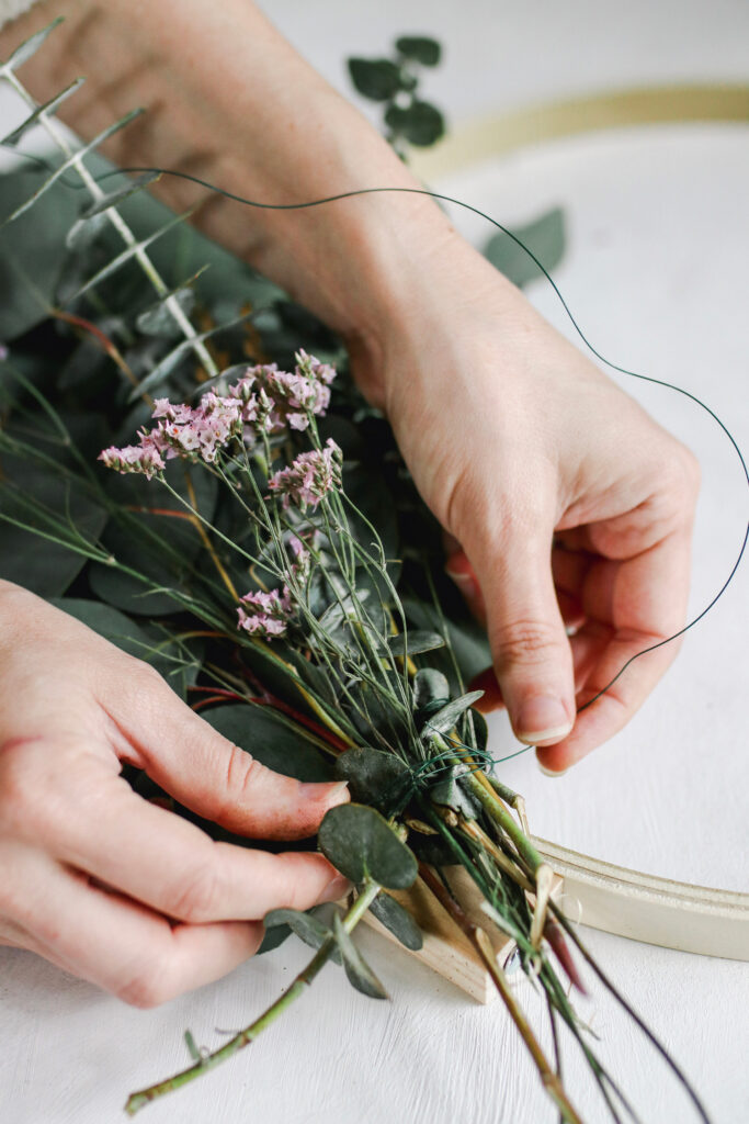 Securing eucalyptus with floral wire