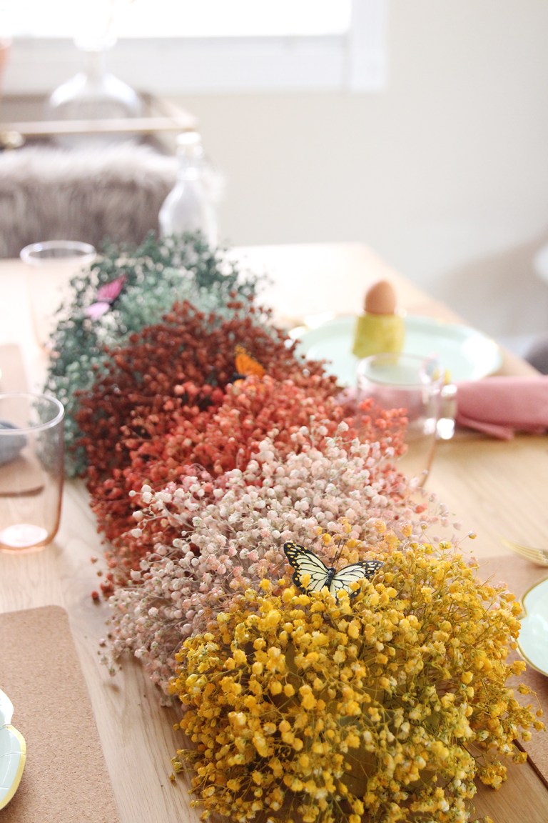 DIY Rainbow Baby’s Breath Easter Centerpiece from Bliss Makes