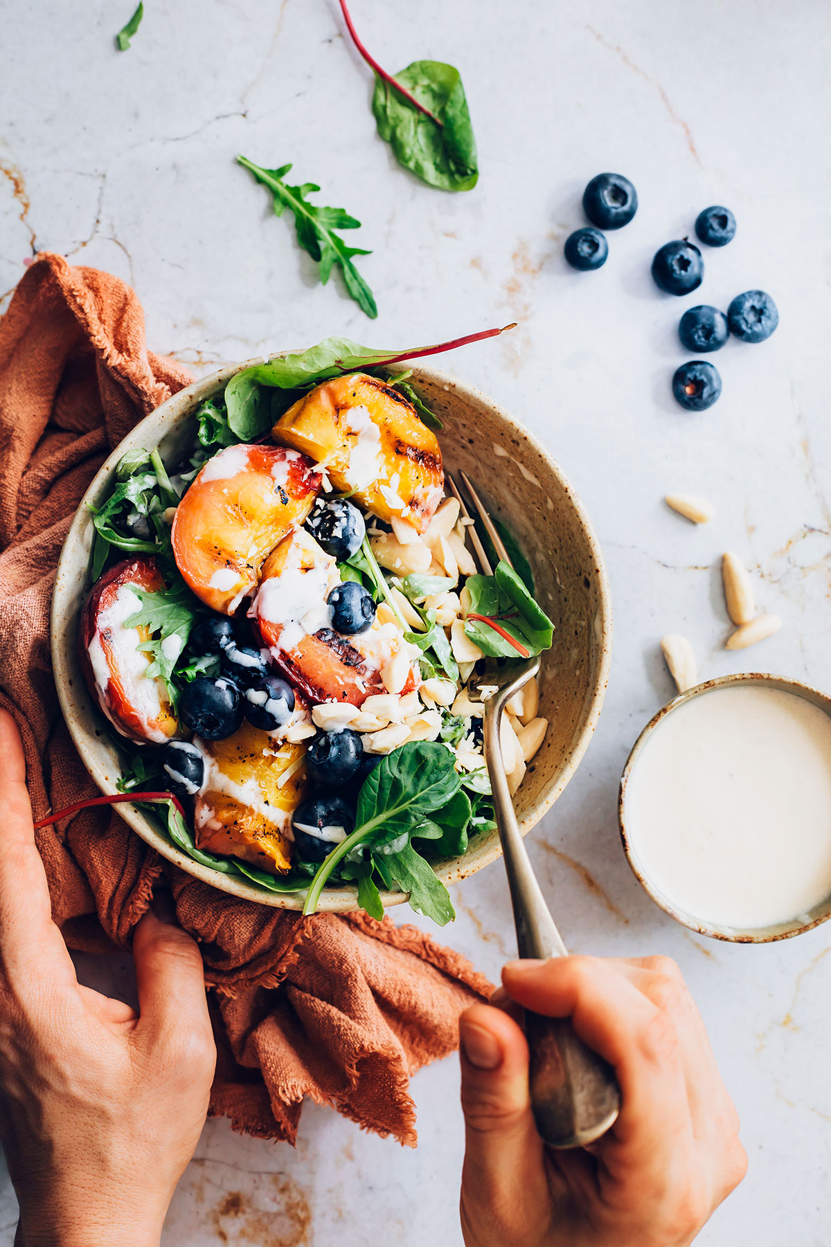 Grilled Peach Salad + Goat Cheese Dressing - HelloVeggie.co